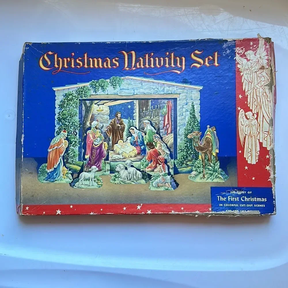 Vintage Mid Century Cardboard Cut Out Christmas Nativity Set